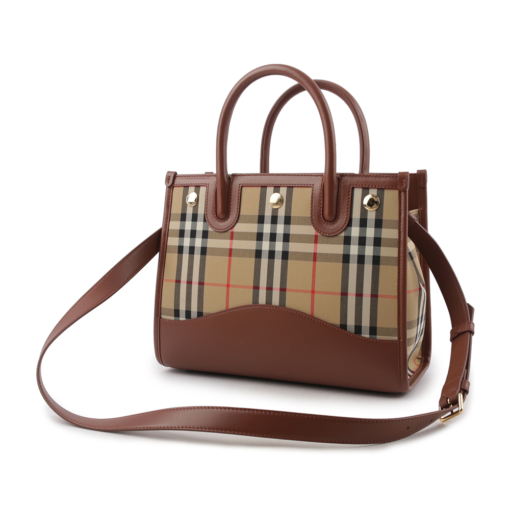 BURBERRY Title 格紋帆布及小牛皮小款手提/斜背二用包/棕褐色, , large