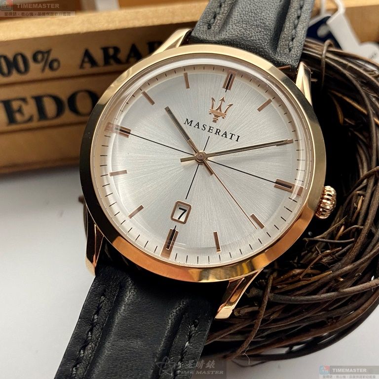 [星晴錶業]MASERATI手錶,42mm,R8851125005白色錶面玫瑰金錶殼深黑色真皮皮革錶帶款, , large
