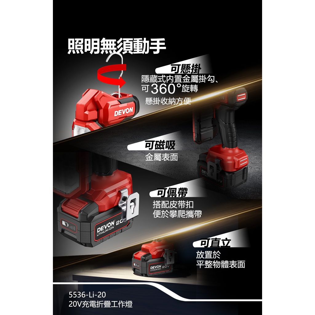WIN五金 DEVON 大有 5536-Li-20 鋰電折疊檢修燈 270°旋轉 180°折疊 超強磁力 1000流明, , large