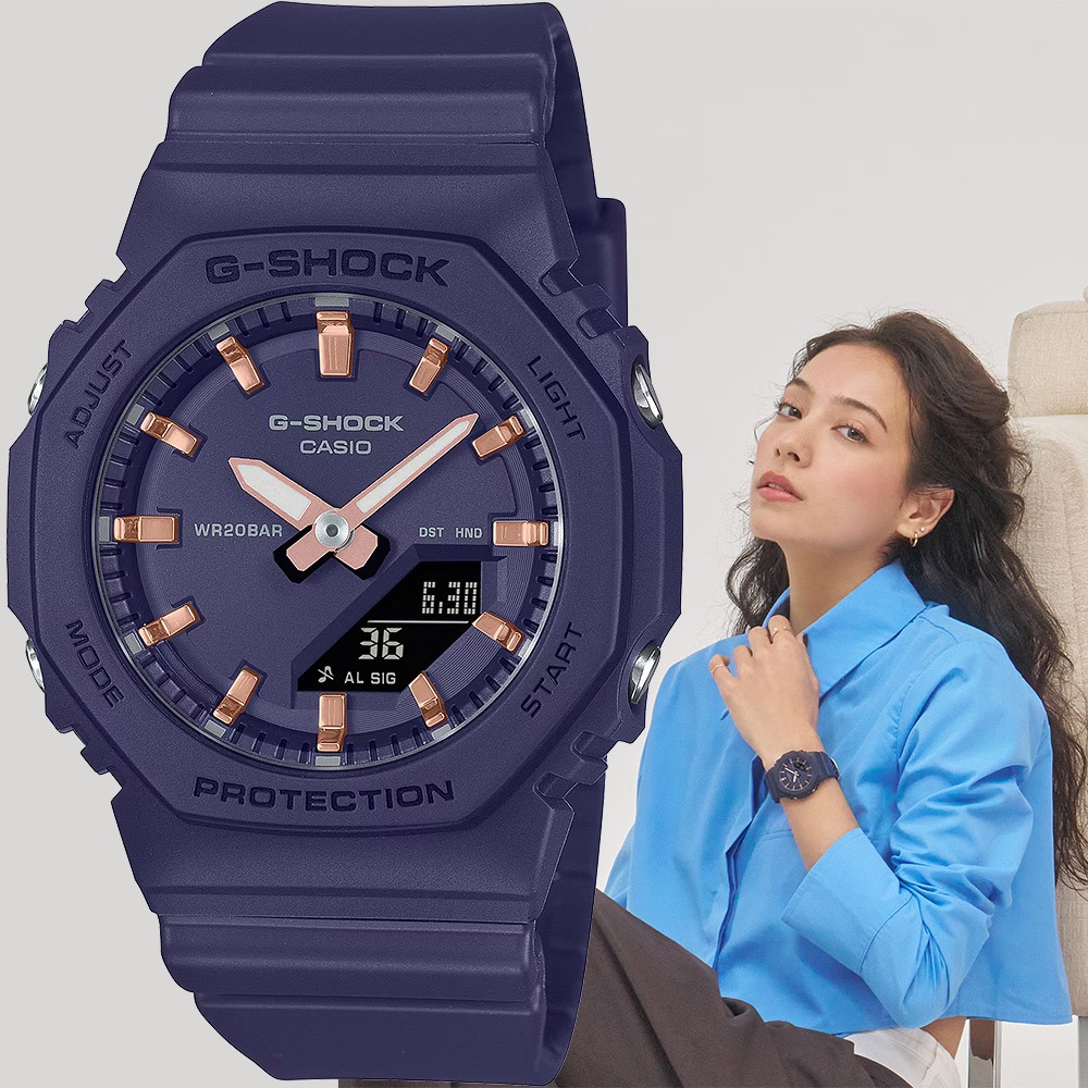 CASIO 卡西歐 G-SHOCK 優雅玫瑰金時標 八角雙顯手錶 520情人節 送禮-海軍藍 GMA-P2100M-2A, , large