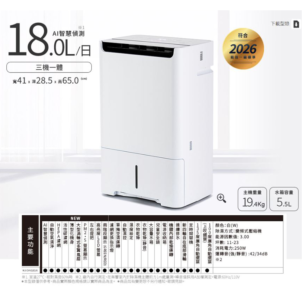 MITSUBISHI 三菱 變頻空氣清淨除濕型 MJ-EHV180JX-TW, , large