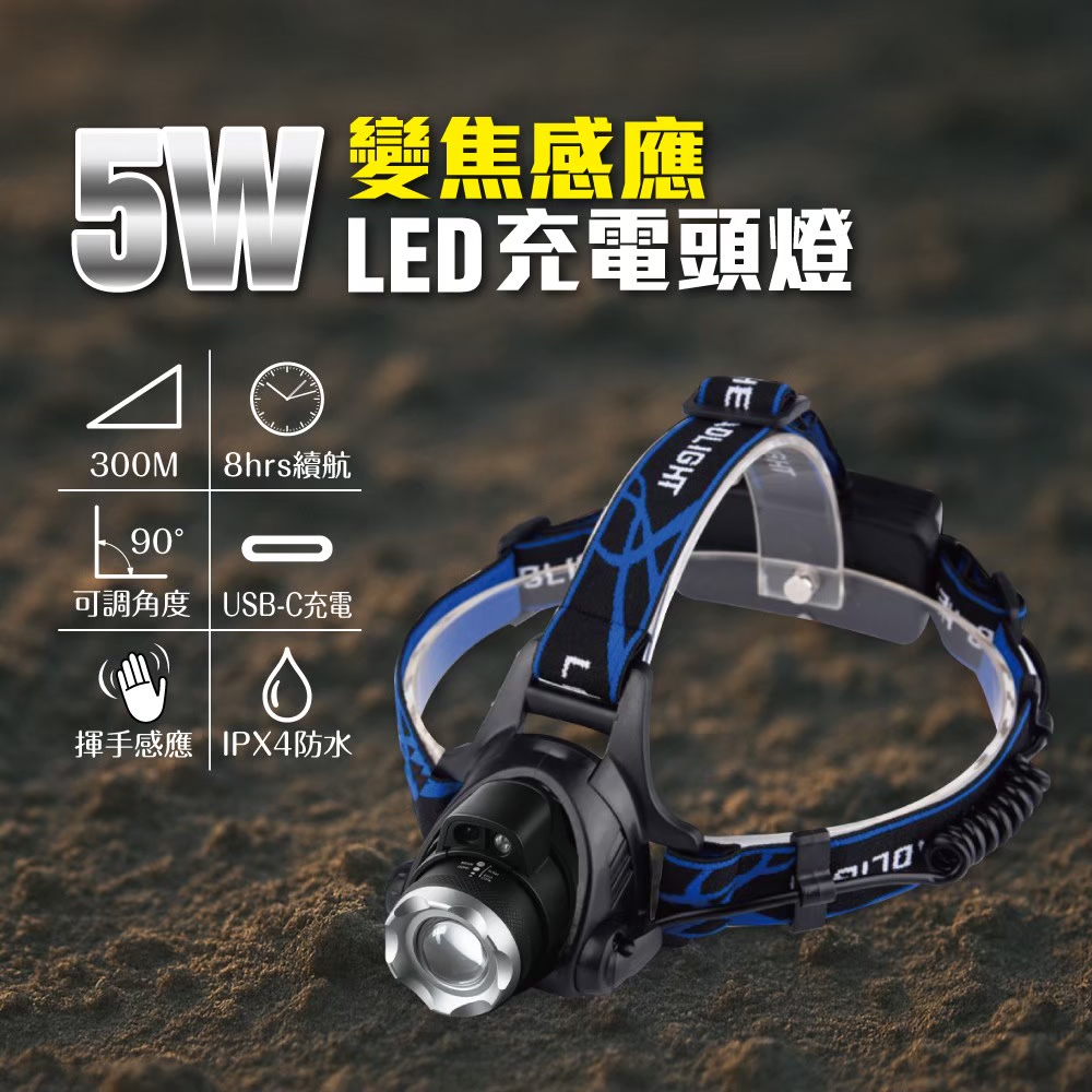 【Panrico 百利世】5W 變焦感應LED充電頭燈 (BI-LTH-H05A), , large