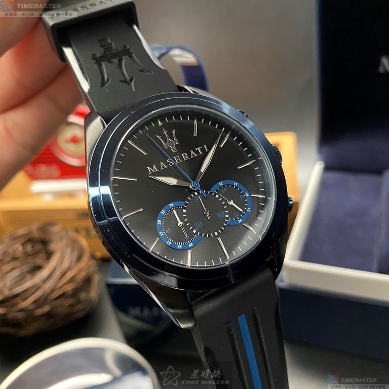 [星晴錶業]MASERATI手錶,46mm,R8871612006黑色錶面寶藍錶殼深黑色矽膠錶帶款, , large