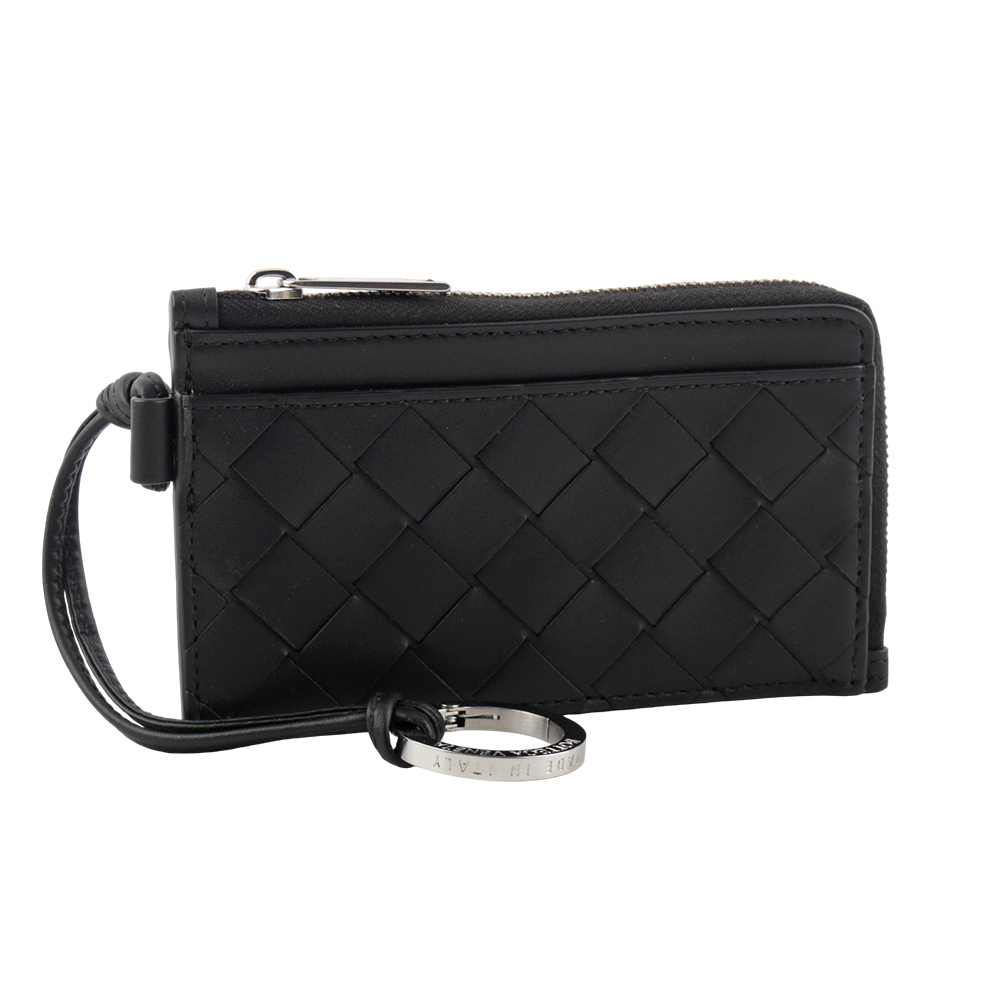 BOTTEGA VENETA L 型銀色拉鍊小牛皮編織附鑰匙釦卡包/零錢包/黑色, , large