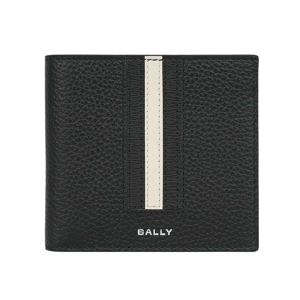 BALLY Ribbon 黑白條紋牛皮對開8卡短夾 / 黑色, , large