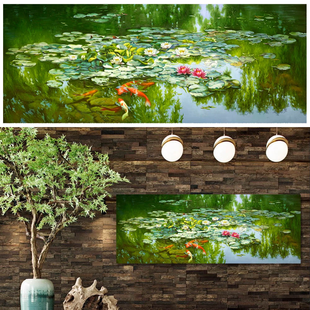 【御畫房】荷塘春色 國家一級畫師手繪油畫60×120cm(VF-38), , large