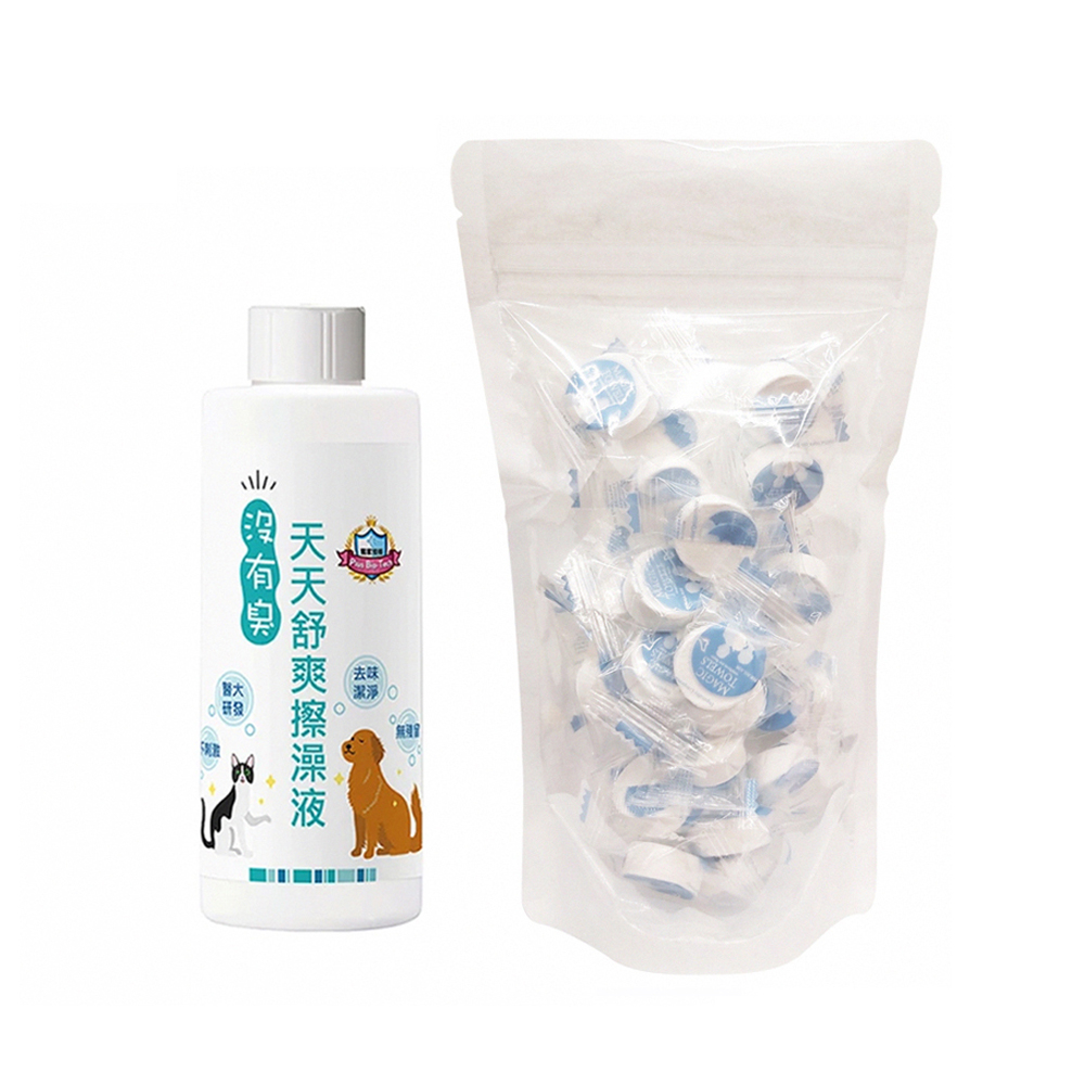 【P&H寵物家】沒有臭 2入組寵物擦澡液200ml+紙巾碇60顆(寵物清潔液), , large