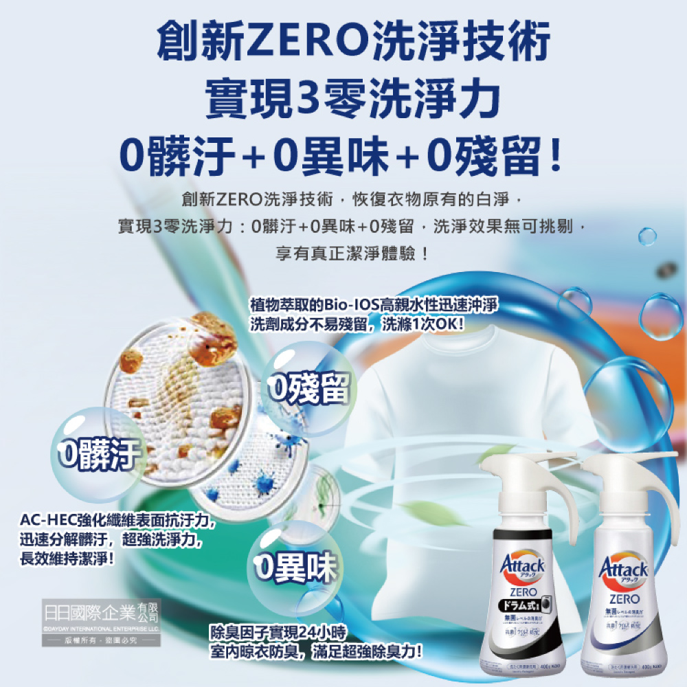 [日日好物]日本KAO花王-Attack ZERO單手按壓瓶噴槍型極淨超濃縮洗衣精400g/瓶-滾筒式黑瓶400g(衣物消臭洗劑,高親水性Bio IOS洗衣凝露,滾筒式/直立式筒槽防霉), , large