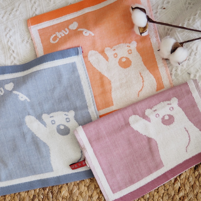 [Kaimei Cotton Industry] 10 entered into the group, random and excellent, high quality untwisted yarn, Imabari small square towel/handkerchief/hand towel/sweat wipe/spit towel, bear greeting style, , large