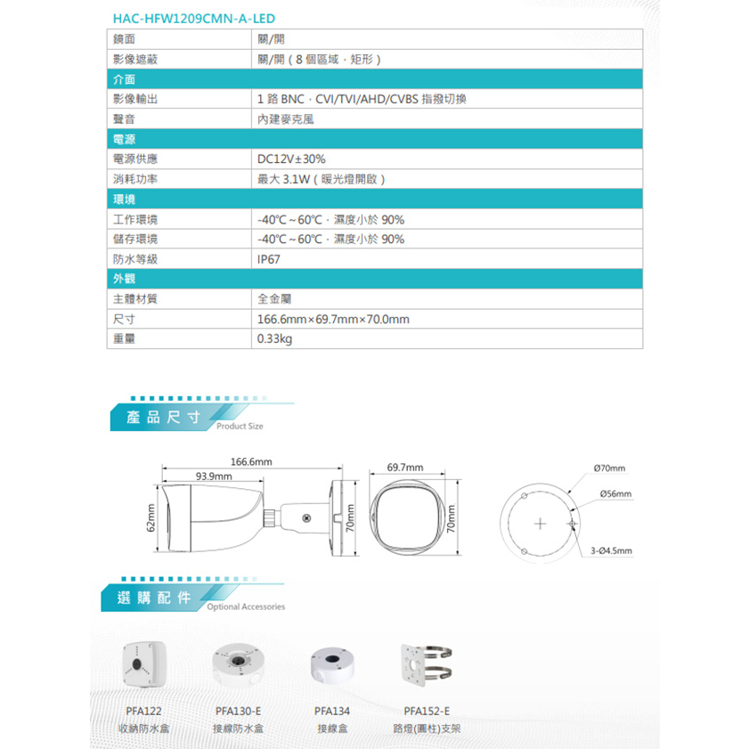 昌運監視器 HAC-HFW1209CMN-A-LED 200萬 全彩聲音槍型攝影機 內建麥克風 (以新款出貨), , large