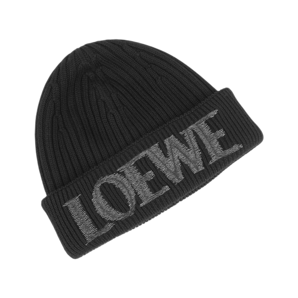 LOEWE Logo 縫線標誌針織羊毛毛帽(黑色), , large