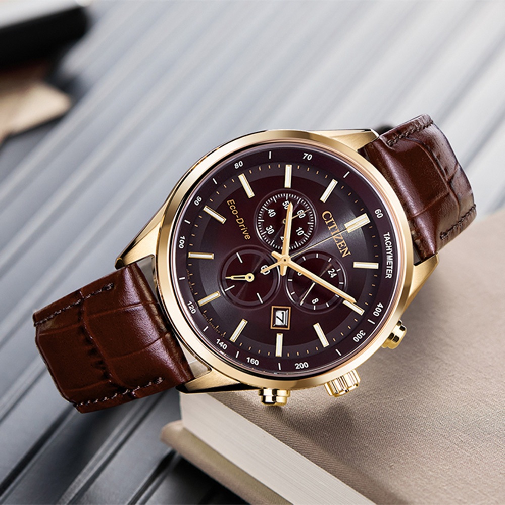 CITIZEN 星辰 亞洲限定款 光動能三眼計時手錶 送禮-咖啡x玫瑰金/42mm AT2573-07X, , large