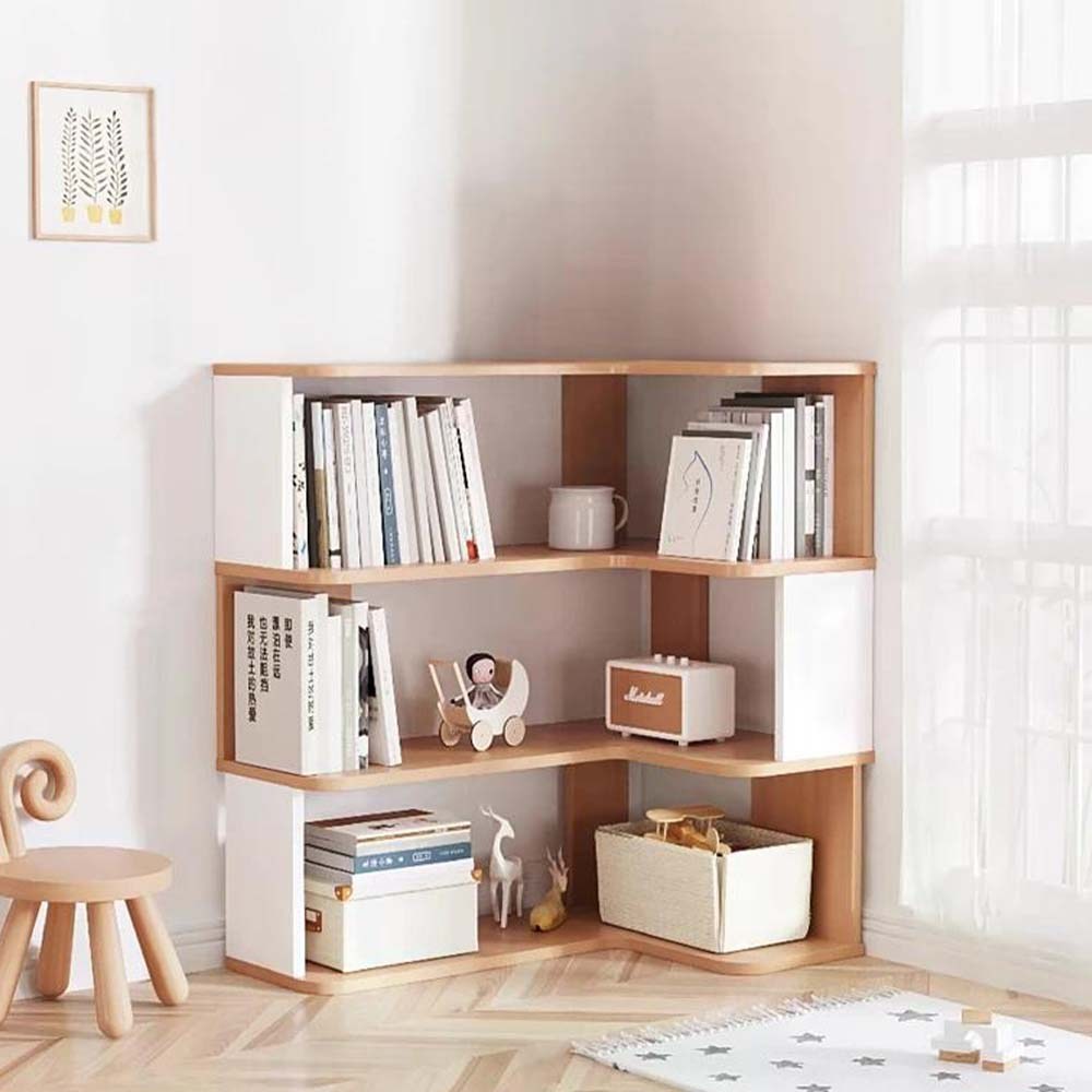 【樂樂】L型轉角簡約實用書架雙色原木+白色3層90x60(實木書架 層架 置物架 收納架), , large