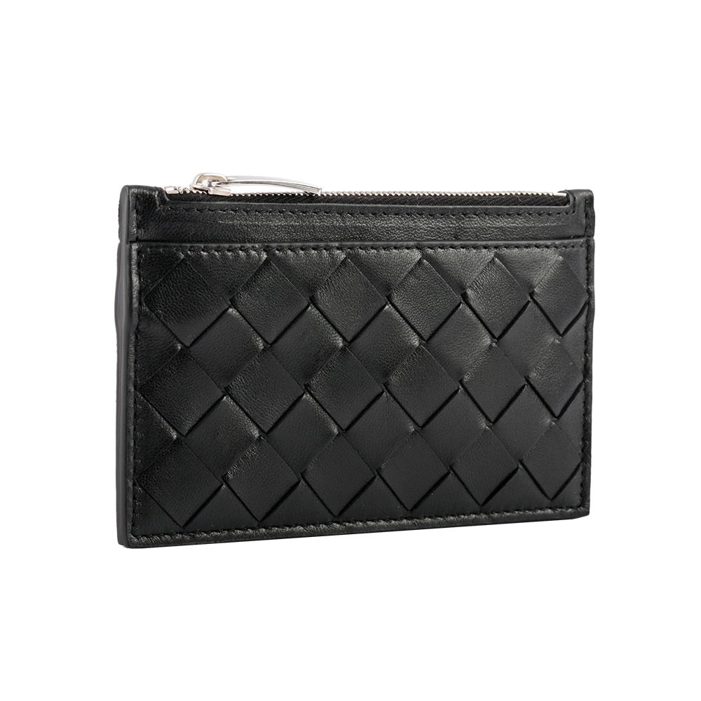 BOTTEGA VENETA 新款編織附鑰匙圈拉鍊卡夾/零錢包/黑色, , large