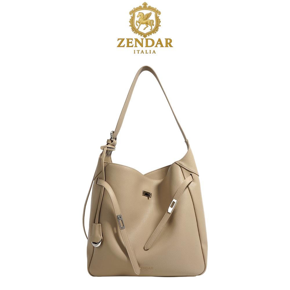 【ZENDAR】限量1折 頂級小牛皮肩背包 汀娜系列 全新專櫃展示品(杏色), , large