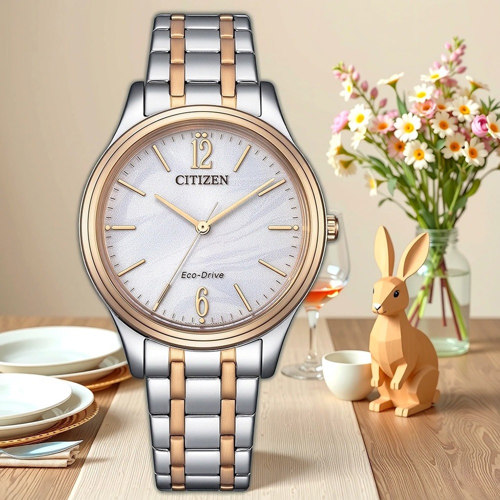 CITIZEN 星辰 光動能大三針時尚女錶 送禮-銀x玫瑰金/34mm EM0416-78A, , large