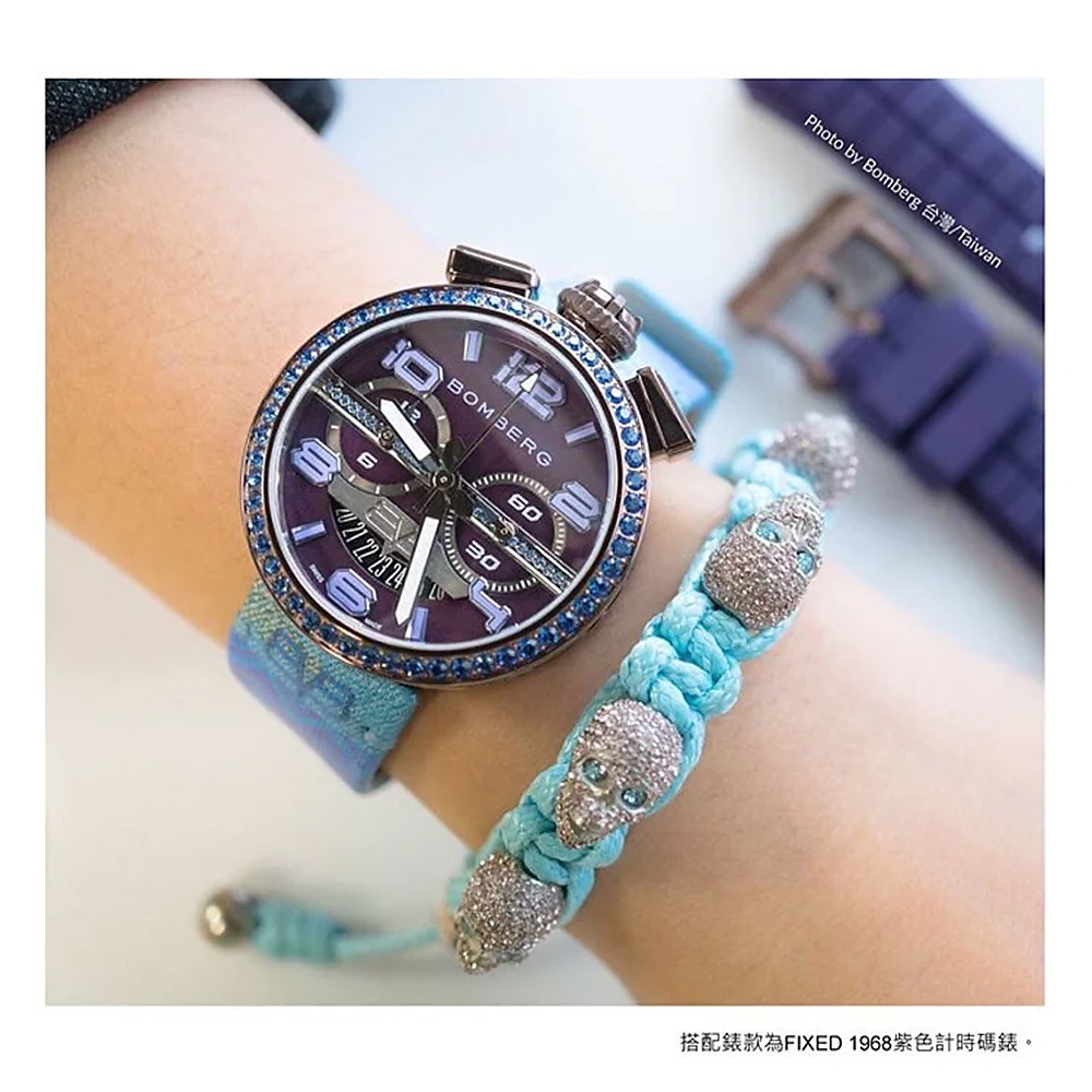 BOMBERG 炸彈錶 白水鑽藍眼銀骷髏粉藍色手環-M (JW-LBT-FSSS.M8.3), , large
