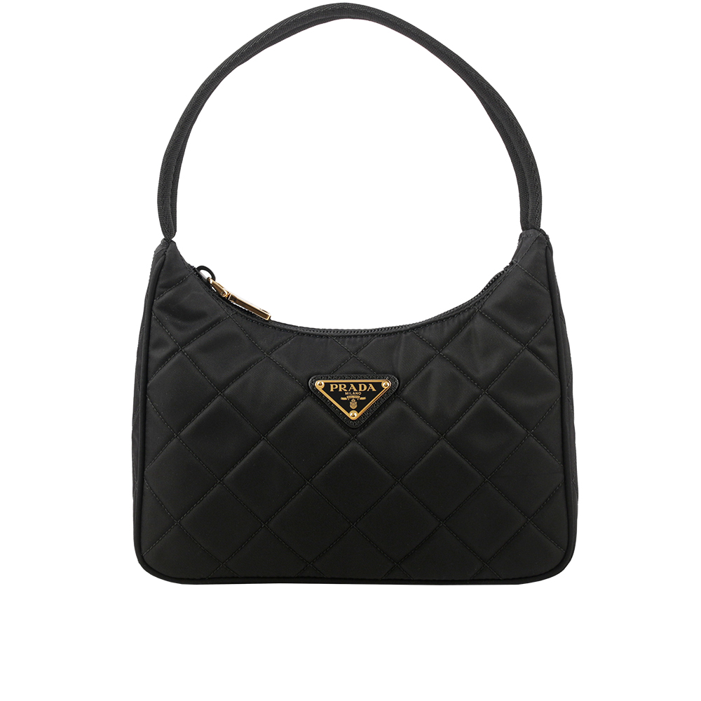PRADA 金色三角牌Logo 菱格紋尼龍迷你手提包/黑色, , large