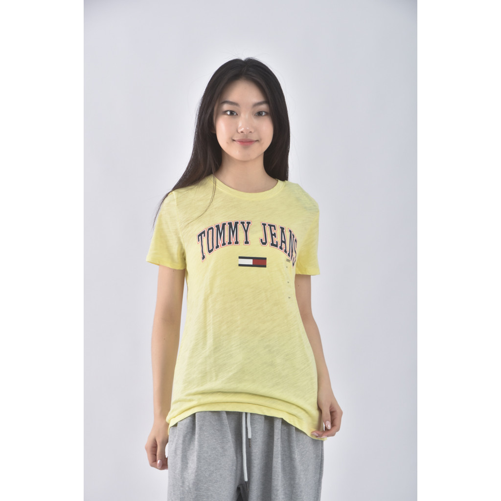 (S) tommy jeans棉質純棉簡約logo黃色短袖上衣二手衣, , large