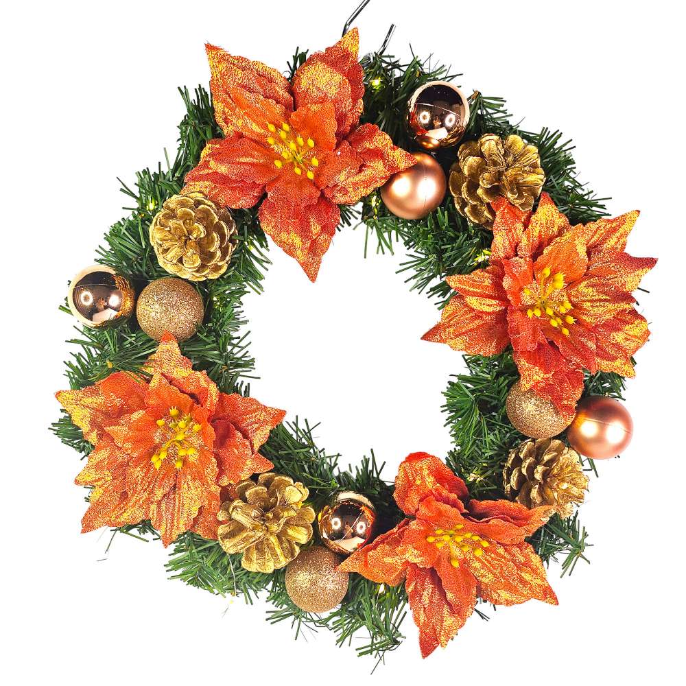 摩達客14吋浪漫朵朵聖誕花豪華綠色聖誕花圈福臨圈_珊瑚紅橙金系_台灣工藝免組裝_本島免運費, , large