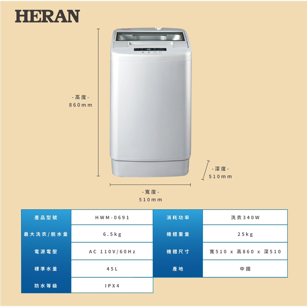 HERAN 禾聯 6.5KG全自動洗衣機 HWM-0691, , large