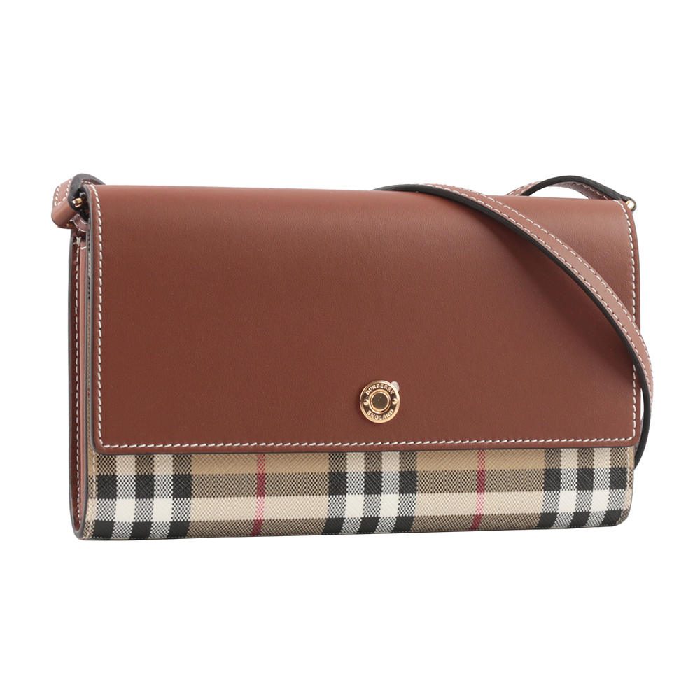 BURBERRY 經典格紋拼牛皮皮夾式斜背包/經典米色/焦糖色, , large