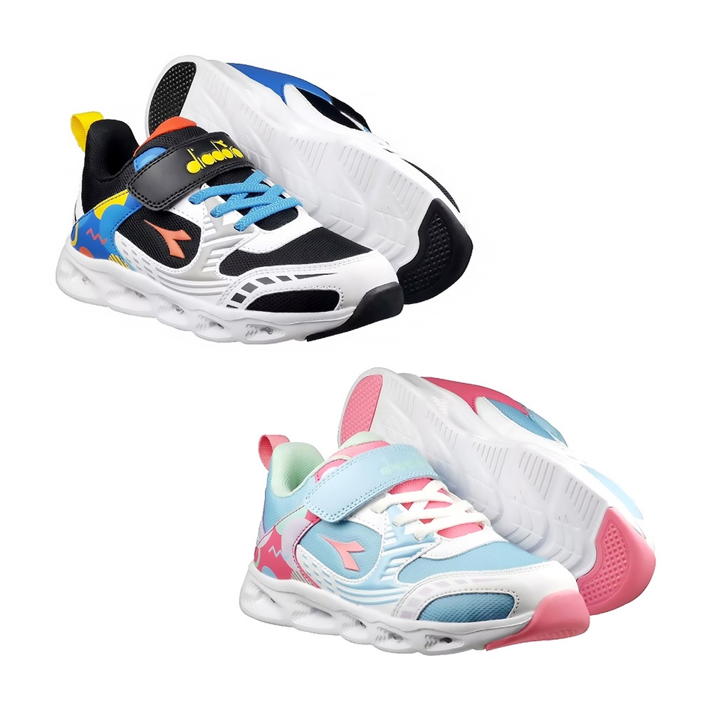 DIADORA迪亞多那 電光時尚童鞋 童運動鞋 兒童鞋 酷炫閃燈 魔鬼氈 寬楦 透氣 保護後跟 吸震 抗菌 黑白藍 藍粉, , large