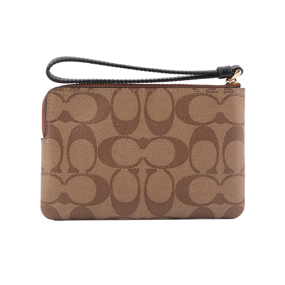COACH 皮革+PVC LOGO L型拉鍊手拿包/卡其/黑色, , large