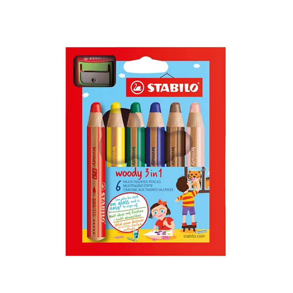 STABILO 德國 思筆樂 woody 3 in 1 伍迪樂三合一可水洗水彩粉蠟筆 附削筆器 6支組/盒 ST8806-2