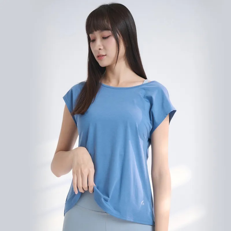 YOGA FLOW Back Tie Tshirt - 短袖美背綁帶開叉兩穿罩衫 - 恆星藍, , large