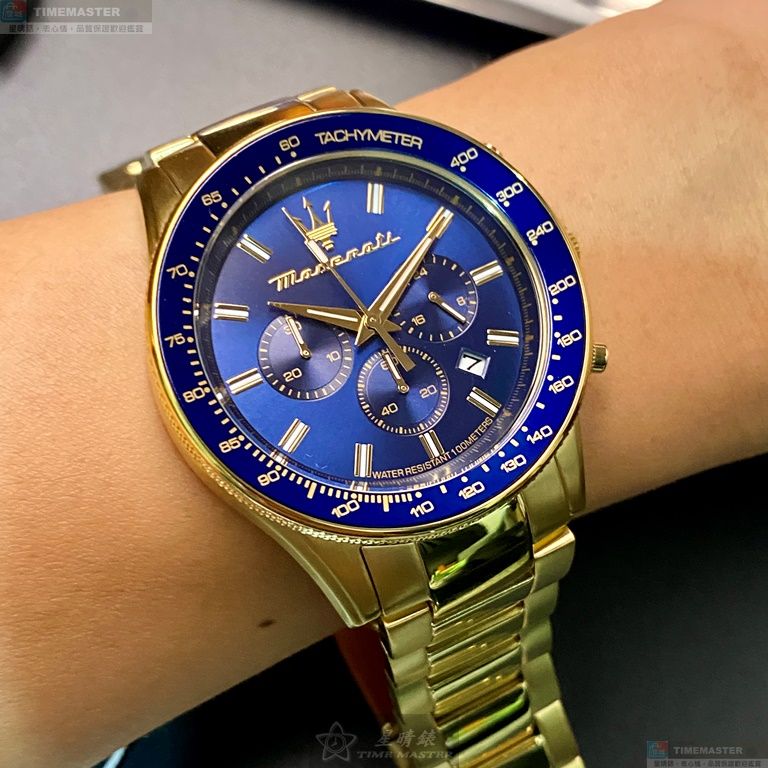 [星晴錶業]MASERATI手錶,44mm,R8873640008寶藍色錶面寶藍錶殼金色精鋼錶帶款, , large