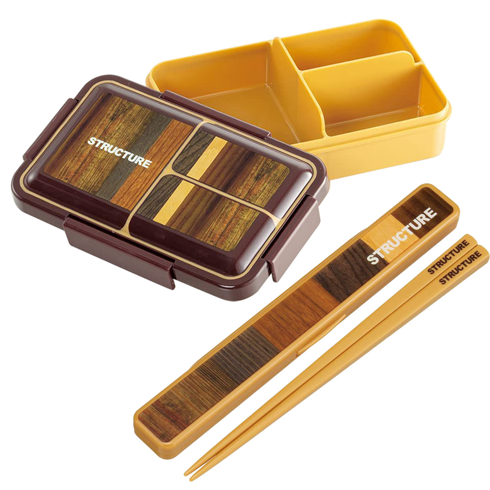 【百科良品】日本製元素 餐盒 辦公旅行通用 抗菌加工Ag+ 保鮮便當盒850ml+環保筷19.5cm-木紋風, , large