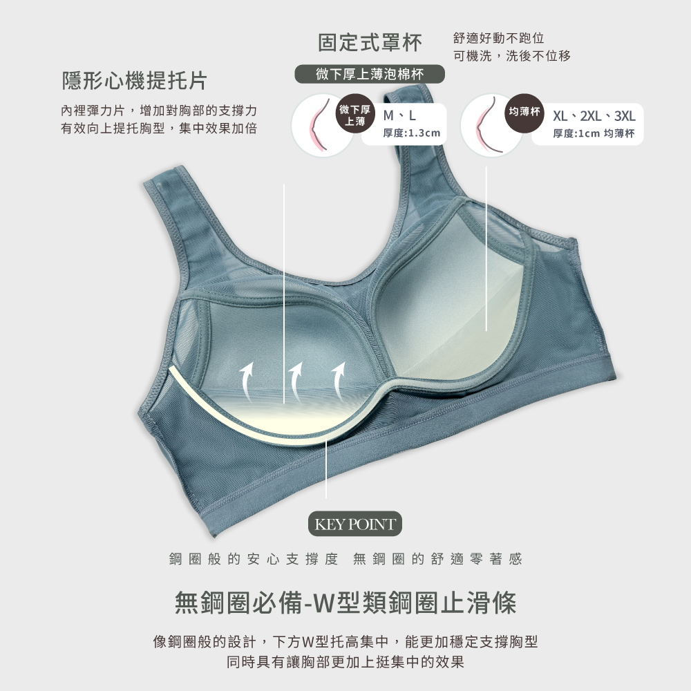 【Clany可蘭霓 】女力覺醒 台灣製涼感防震M-3XL無鋼圈運動內衣 加大尺碼 8080-83 松霧綠, , large