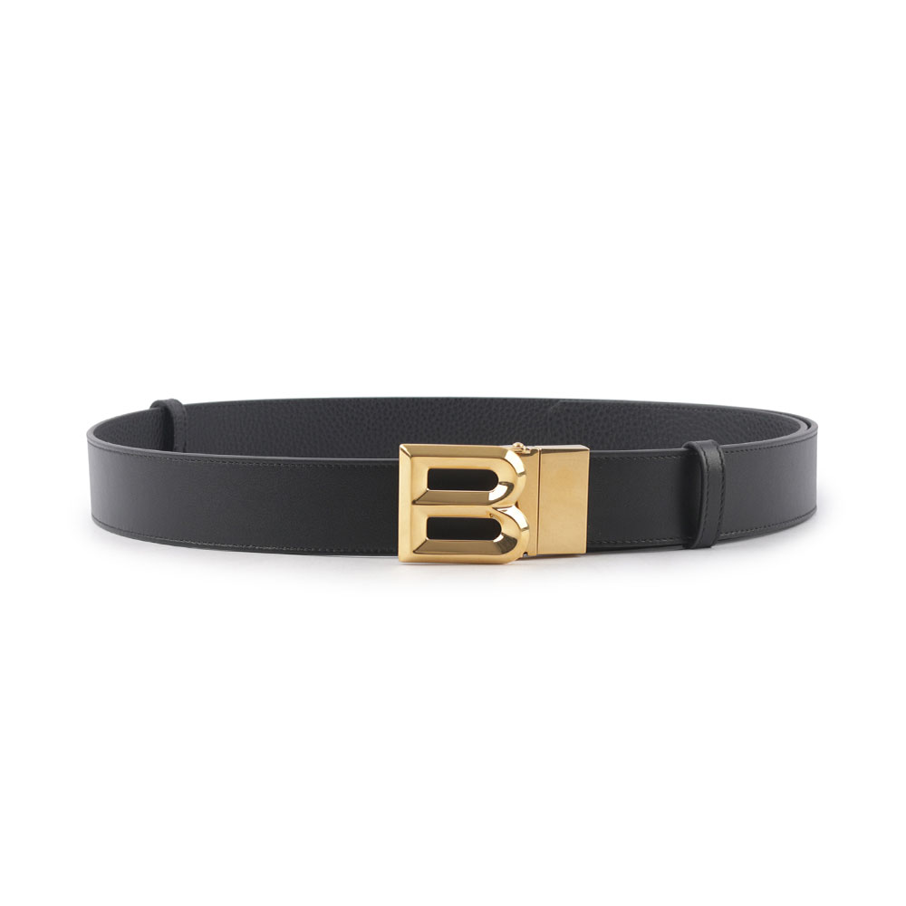 BALLY B-BUCKLE 3.5cm 金釦小牛皮皮帶/黑色, , large