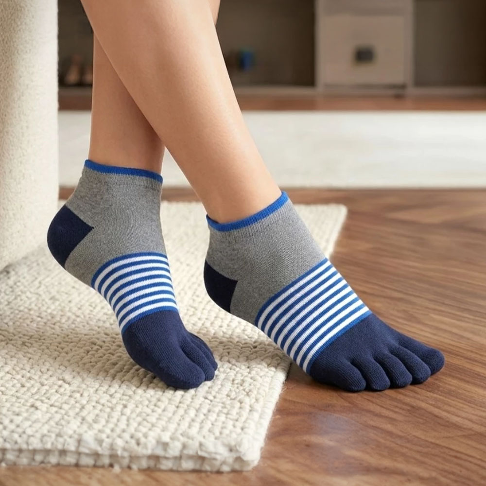 [Kaimei Cotton] MIT Taiwan-made pure cotton antibacterial and deodorant boat-shaped striped five-toe socks, , large