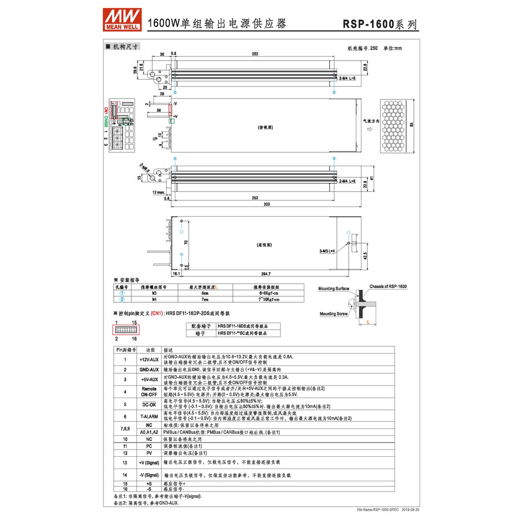 明緯 1600W單組輸出電源供應器(RSP-1600-12), , large