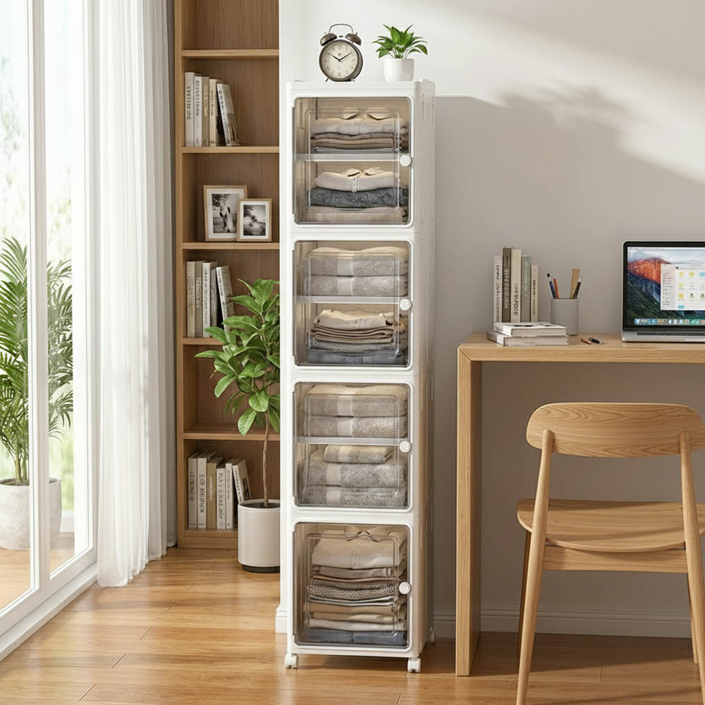 【AOTTO】32面寬開門附輪夾縫折四層疊收納櫃(AC-032), , large