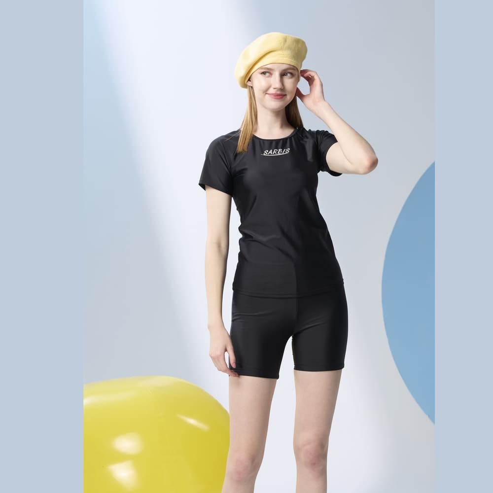 Monina Taiwan-made short-sleeved two-piece swimsuit, pure black, , large
