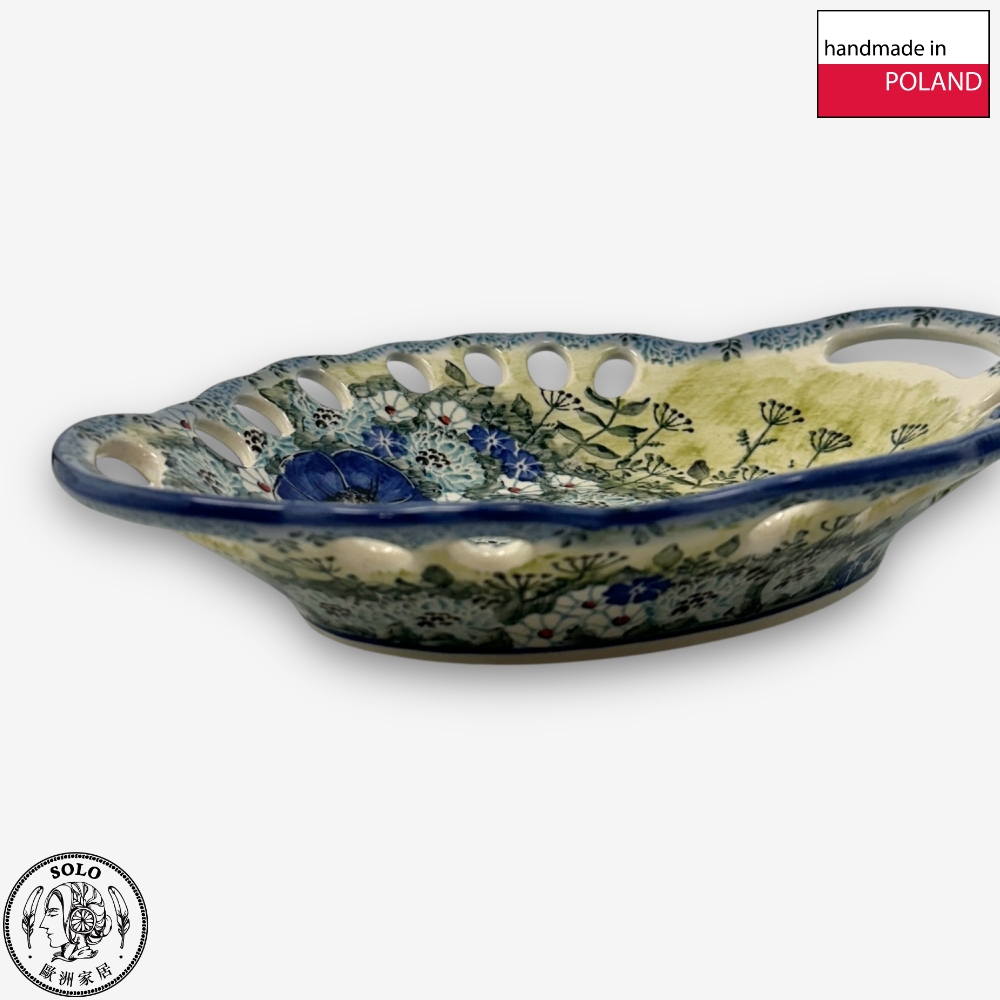 【SOLO Vintage】Cerraf Polish Pottery 26.5cm Fruit Bowl Traces of Fragrance in the Blue Fields Series Made in Poland, , large