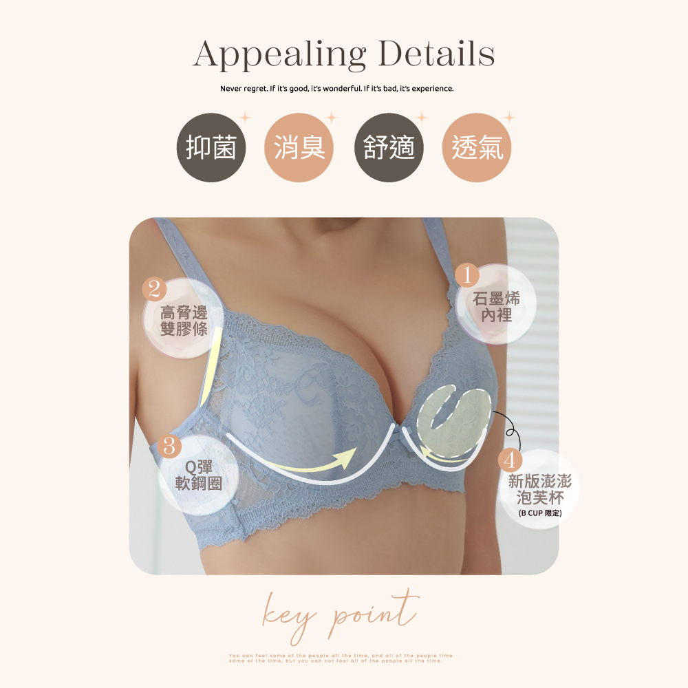 【Clany可蘭霓】澎然心動 石墨烯抑菌軟鋼圈集中包覆BCD蕾絲內衣 晴空藍 8063-51, , large