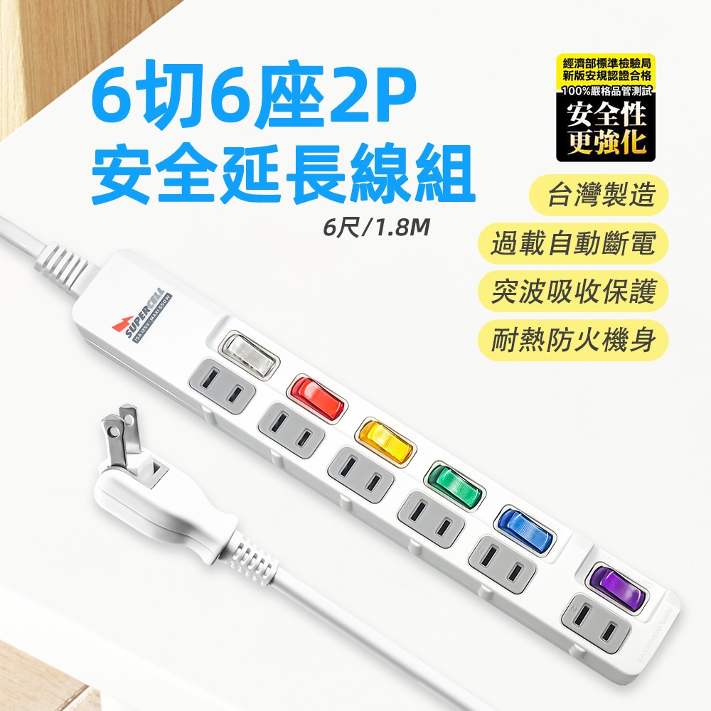 超電王 SNB266-15 6開6插6尺2P延長線 美國UL認證 過載保護 180度可轉向插頭, , large