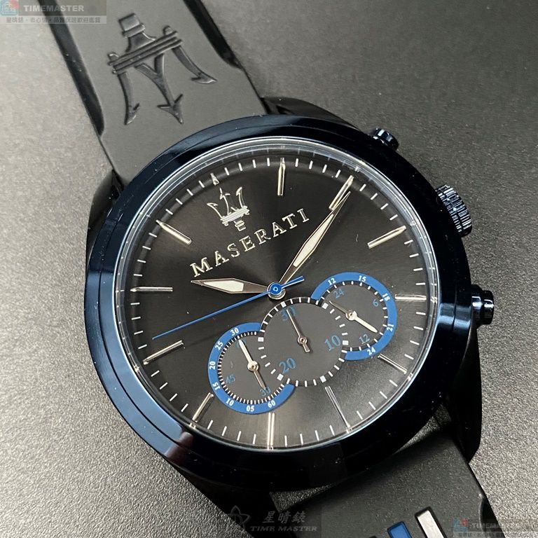 [星晴錶業]MASERATI手錶,46mm,R8871612006黑色錶面寶藍錶殼深黑色矽膠錶帶款, , large