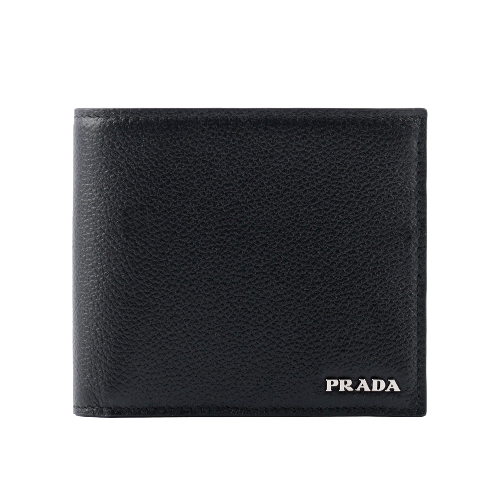 PRADA 銀字Logo 粒紋牛皮內拼色對開8卡短夾/黑色/深藍色, , large