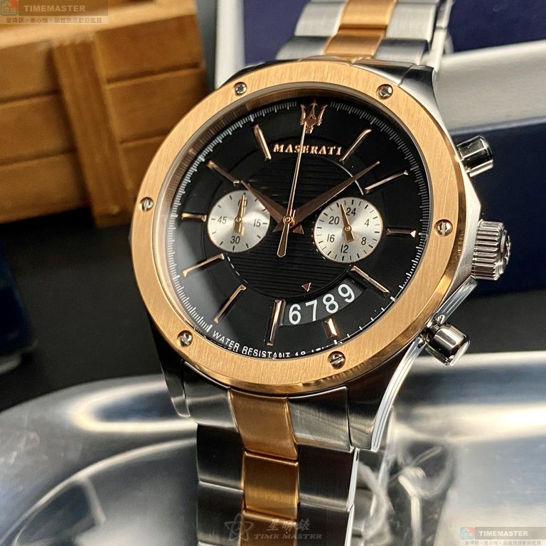 [星晴錶業]MASERATI手錶,46mm,R8873627004黑色錶面玫瑰金錶殼金銀相間精鋼錶帶款, , large