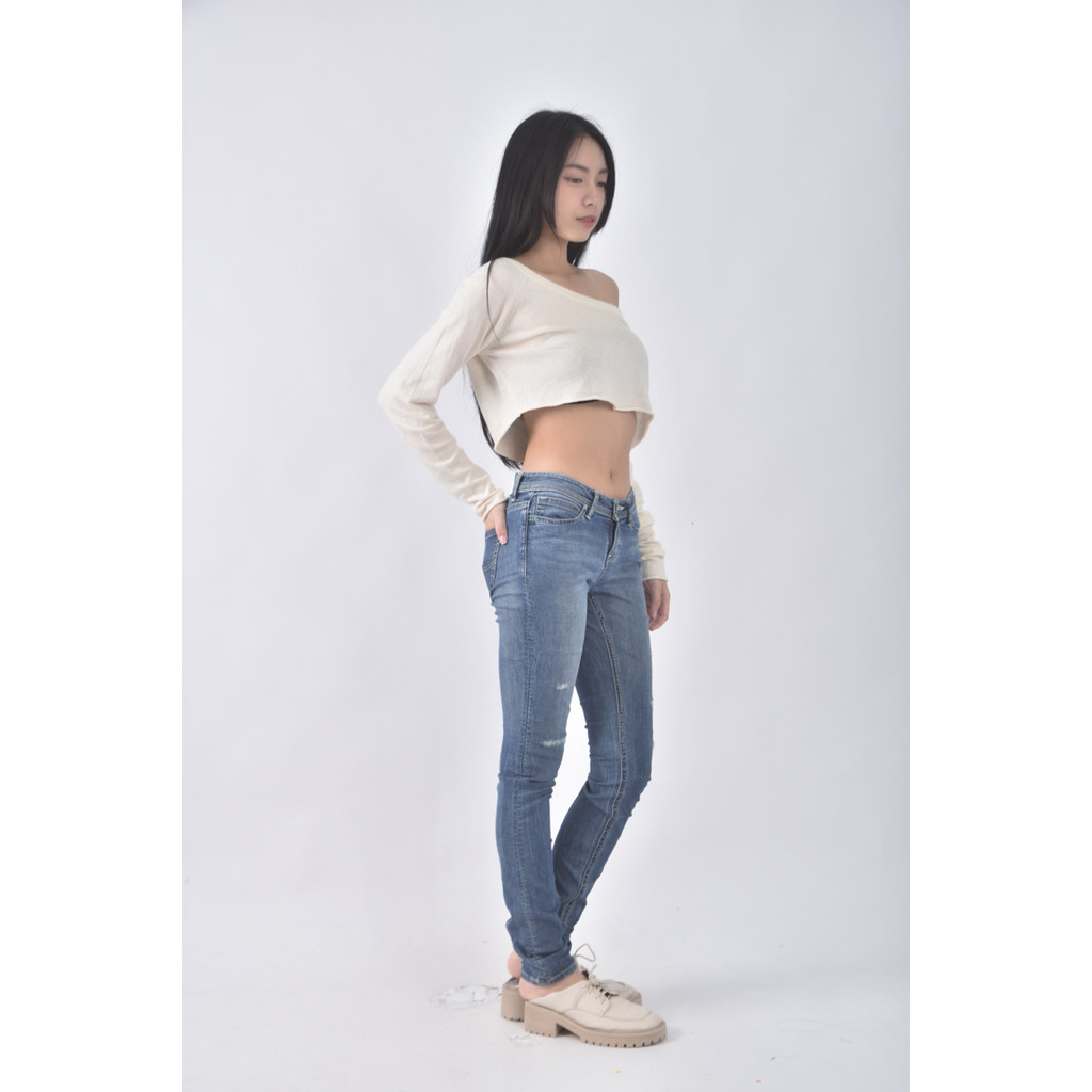 (S) jade fusion denim丹寧牛仔棉質刷破藍色綁帶長褲二手衣, , large