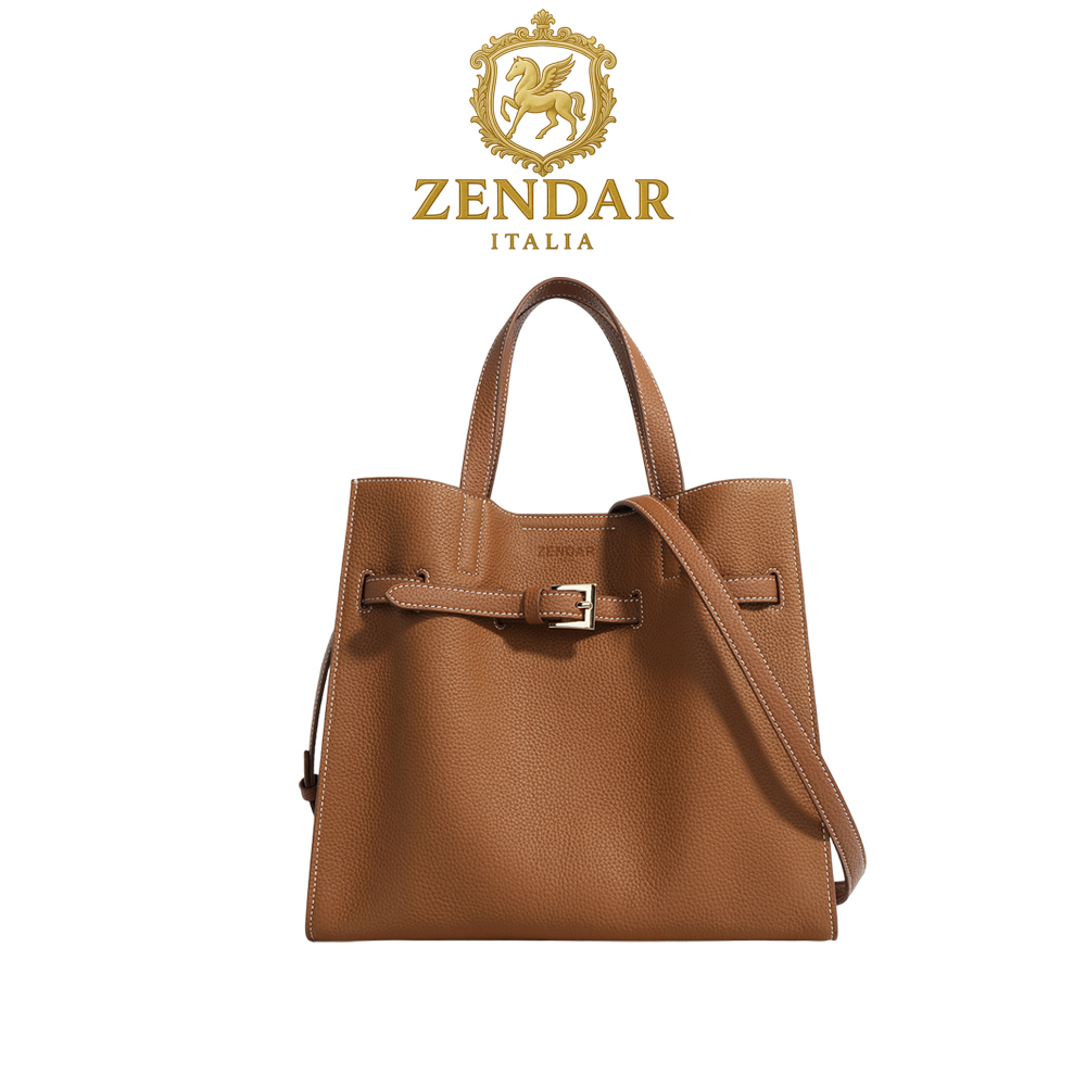 【ZENDAR】限量1折 頂級小牛皮肩背包手提包 瑞絲系列 全新專櫃展示品(琥珀色), , large