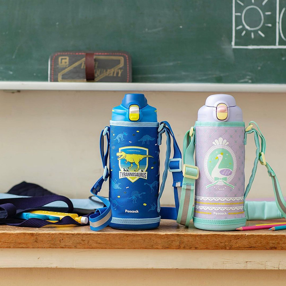 【日本孔雀Peacock】兒童316不鏽鋼保溫杯800ML 附專屬杯套+反光背帶-天鵝-紫(兒童水壺), 天鵝-紫, large