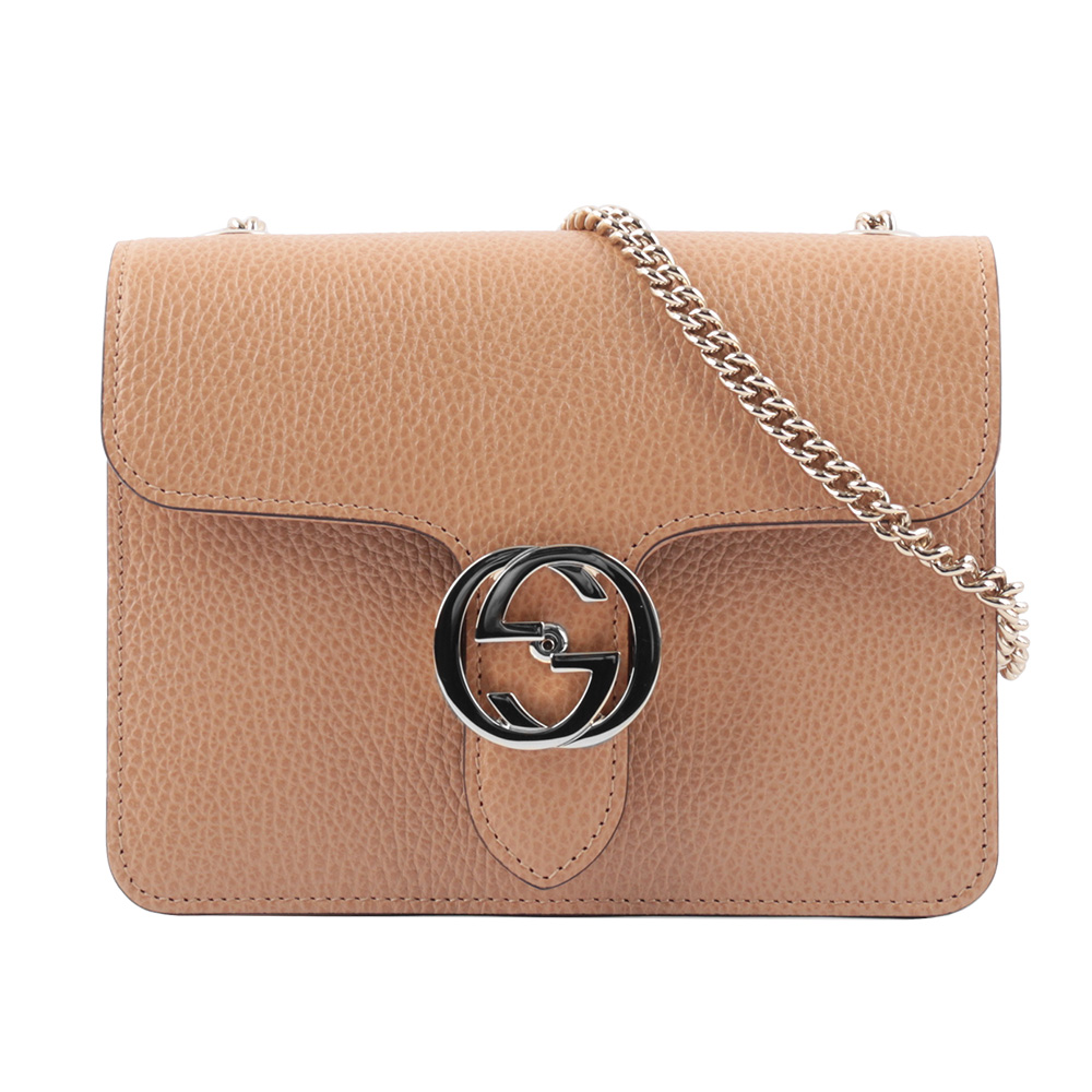 GUCCI 金屬雙G Logo荔枝皮革方形斜背包/裸粉色, , large
