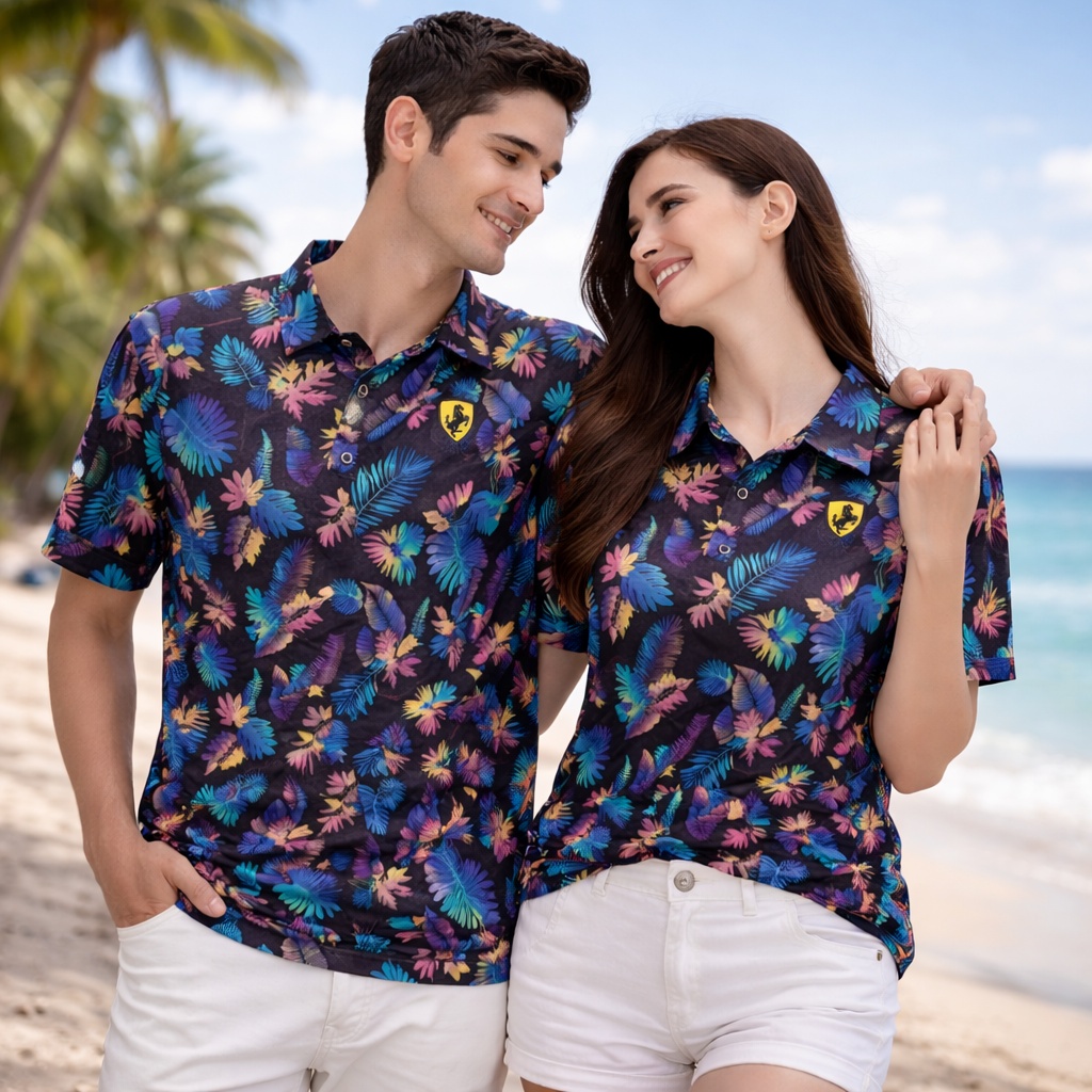 【FALALI】Short-sleeved cooling polo shirt - Men's (flower/black)