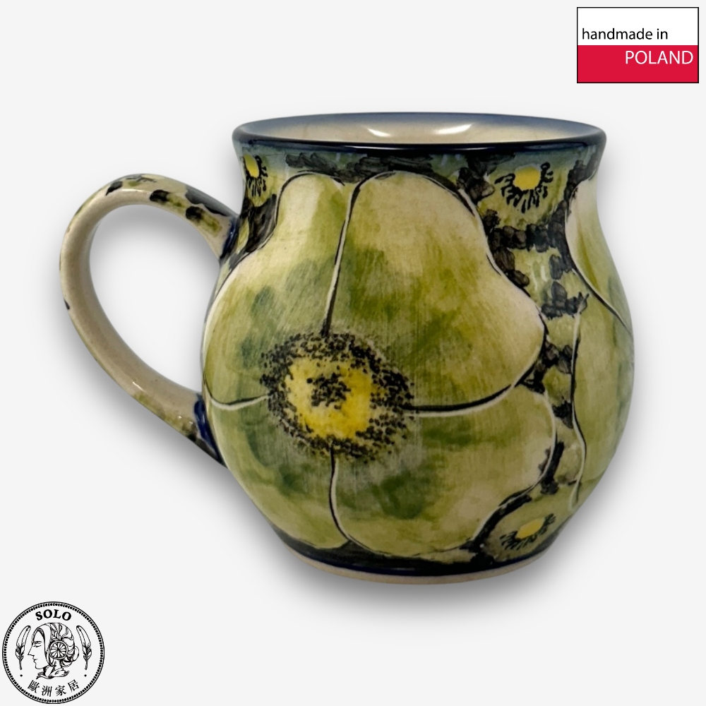 【SOLO Vintage】Cerraf Polish Pottery 350ml Mug Plain Words of Green Flowers Series Made in Poland, , large